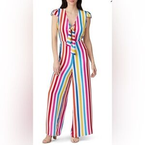 Color Me Courtney Sheree Colorful Rainbow Vertical Stripe Cutout Jumpsuit Sz 6